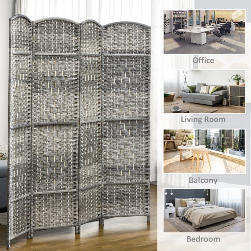 HOMCOM 6 Panel Room Divider 6 Ft Privacy Screen Hand-Woven Mixed Gray - Image 6