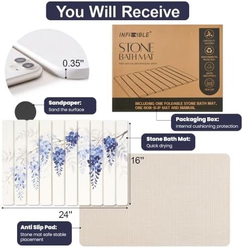 Blue Wisteria Foldable Stone Bath Mat, Absorbent Stone Bathroom Shower Mat - Image 6