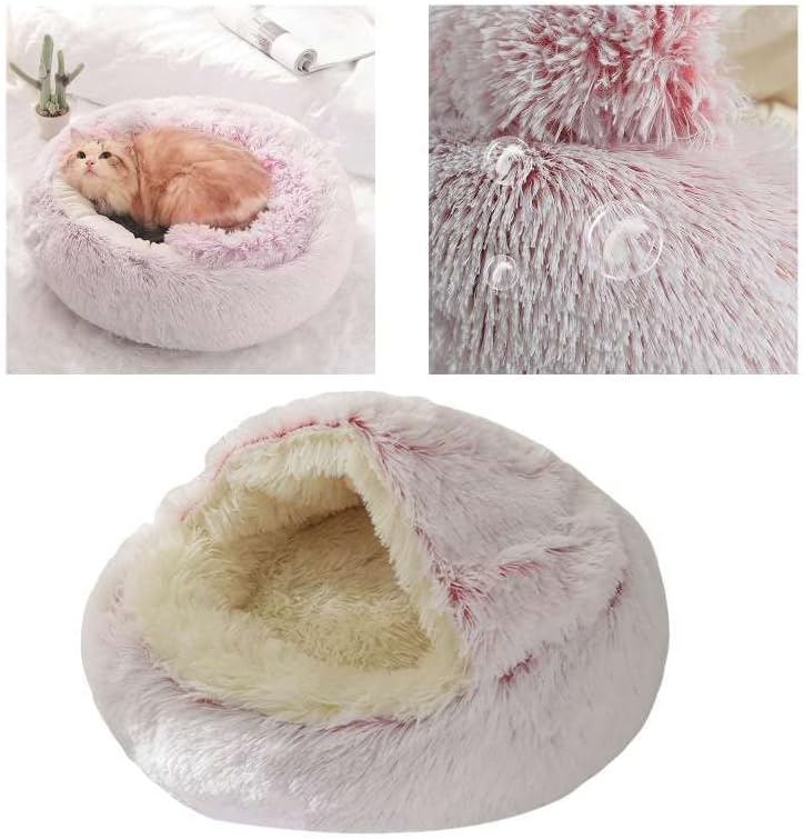 Round Fluffy Hooded Cat Bed Cave, Anti-Anxiety Cave Bed - Image 4