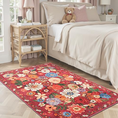Red Floral Area Rug 3x5 for Bedroom Entryway Dorm by WelcometoBabovid