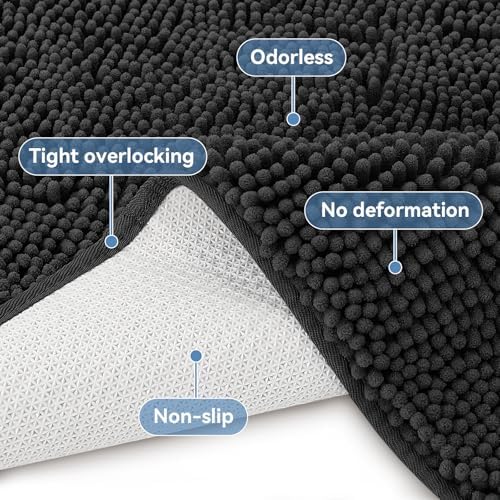 Bcoimo Bath Rug Mat, 48x24 Chenille Non Slip Black Long Bathroom Runner Rug - Image 4