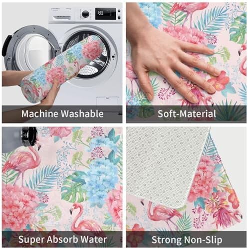 Pink Flamingos Palm Leaves and Flowers Bath Mat Non-Slip Soft Microfiber - Image 6