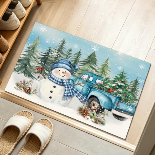 Giwawa Winter Snowman Blue Bath Rug Xmas Truck Microfiber Entryway Doormat - Image 2