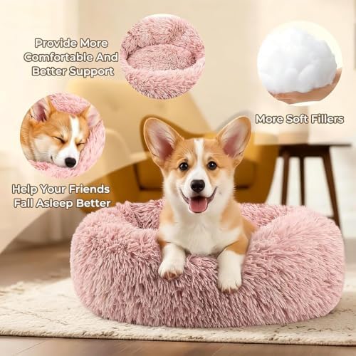Calming Large Donut Dog and Cat Bed, Anti-Anxiety Round Soft Fluffy Plush Faux - Image 4
