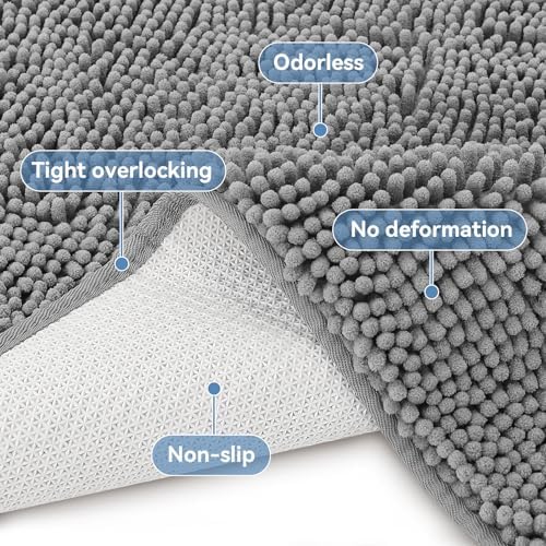 Bcoimo Bath Rug Mat, 36x24 Chenille Non Slip Gray Bathroom Floor Shower Mats - Image 4