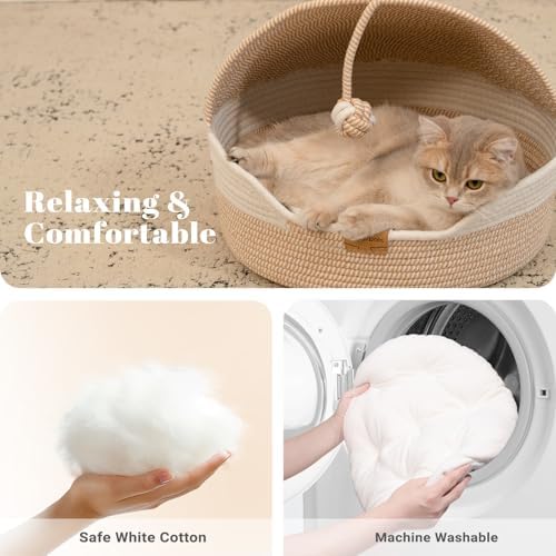 CHEERPALS Cat Basket Bed with Washable Cushion and Ball Rope Cotton, Covered - Image 4