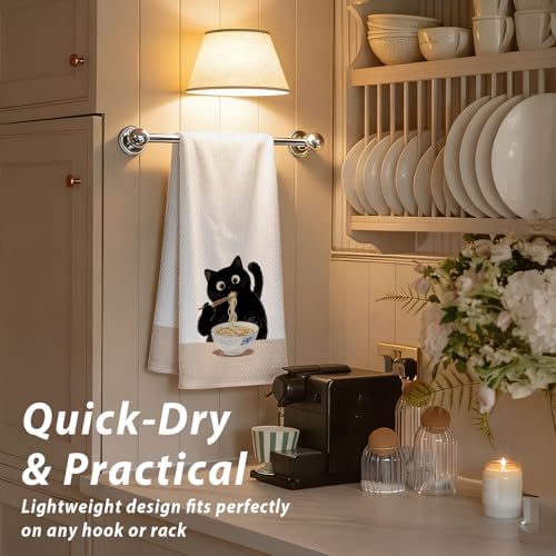 Black Cat Kitchen Dish Towels, Cat Lovers Mom Dad Lady Gifts, Funny Noodle - Image 2