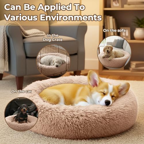 Calming Large Donut Dog and Cat Bed, Anti-Anxiety Round Soft Fluffy Plush Faux - Image 5