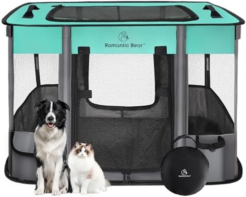 ROMANTIC BEAR Dog Playpen, Foldable Pet Puppy Cat Playpen by ROMANTIC+BEAR