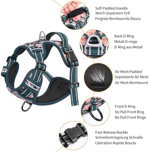 HEELE Dog Harness, Reflective, No Pull No Choke, Flower Blackish Green - Image 2