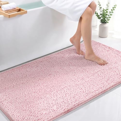 Bcoimo Bath Rug Mat, 44x24 Chenille Non Slip Pink Long Bathroom Runner Rugs by Bcoimo