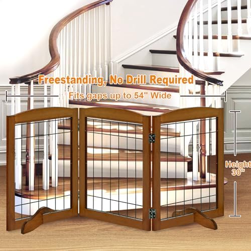 LZRS 3-Panel Freestanding Adjustable Wooden Dog Gate—30" Tall Foldable Pet - Image 2