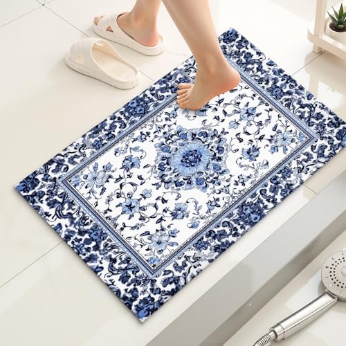 Giwawa Boho Floral Bath Rug Blue Leaves Soft Absorbent Bath Carpet 20x32 Inch - Image 2