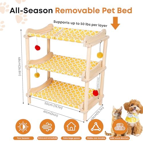 Large 3-Layer Cat Hammock Bed, Breathable Washable Covers, Wooden Pet Furniture - Image 2