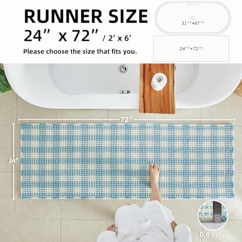 TYUU Waffle Runner Rug Bathroom, Long Cute Bath Mat, 72x24 Blue & White - Image 2