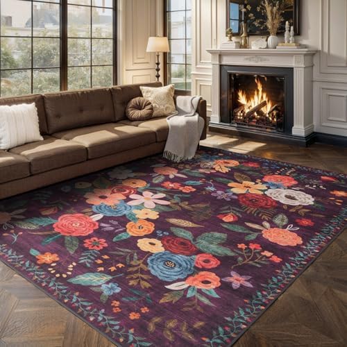 Purple Floral Area Rug 8 x 10 for Living Room Bedroom - Image 4