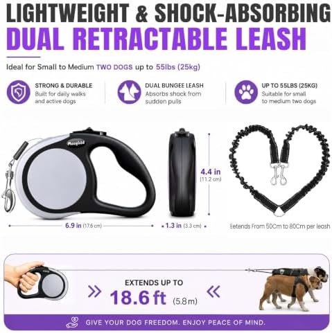 Double Retractable Dog Leash for Two Dogs, Combined Weight Up to 110 lbs – 18.6 - Image 2