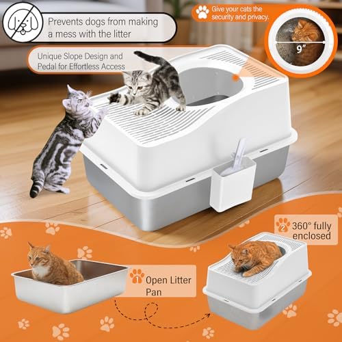 Top Entry Cat Litter Box with Lid, Stainless Steel Enclosed Cat Kitty Litterbox - Image 2
