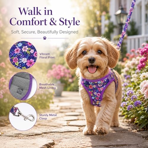 Step in Dog Harness Leash Set- All Weather Reflective No-Pull Floral Pattern - Image 4