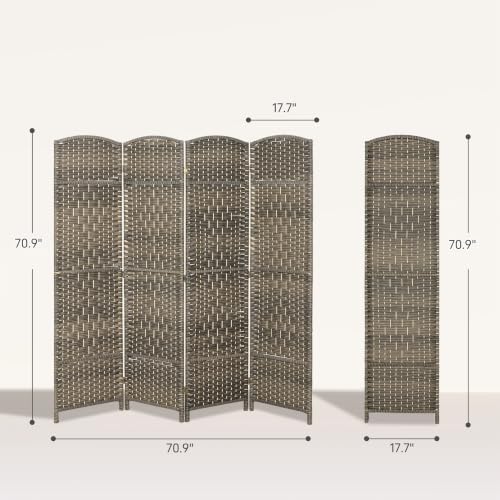HOMCOM 4 Panel Room Divider 6 Ft Privacy Screen Hand-Woven Dark Rustic Oak - Image 7