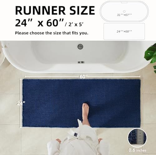 TYUU Waffle Runner Rug Bathroom, Long Boho Bath Mat, 60x24 Navy Blue - Image 3