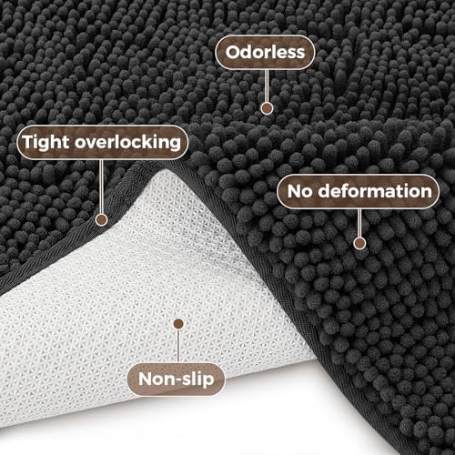 Bcoimo Bath Rug Mat, 60x24 Chenille Non Slip Black Long Bathroom Runner Rug - Image 4
