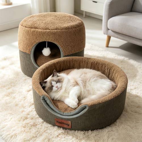 2-in-1 Cat Bed Cave, Cozy Covered Cat Beds by Unknown