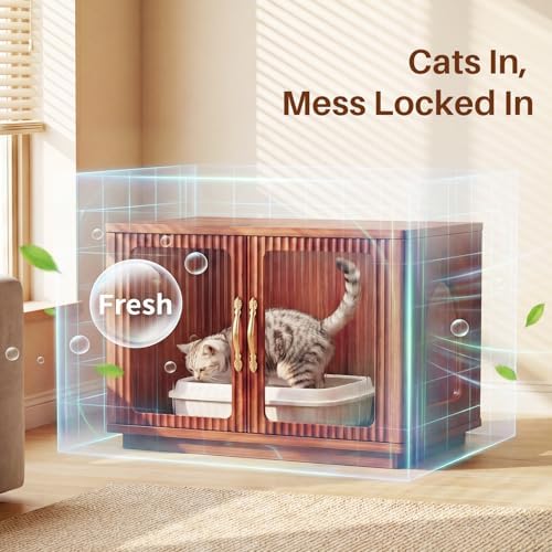 Amunrbrek Cat Litter Box Enclosure, 31.5" Fluted Walnut Hidden Cabinet - Image 3