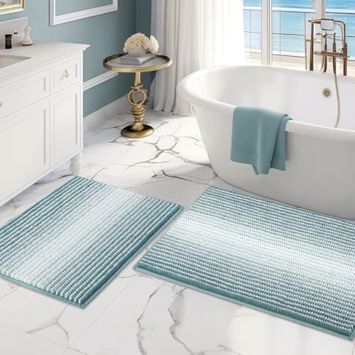 BSICPRO Bathroom Rugs Sets 2 Piece, Non Slip Striped Bath Mats, Sea Green by BSICPRO