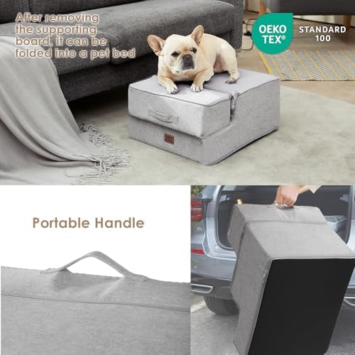 EHEYCIGA Dog Stairs 13.5" H, 3-Step Extra Wide Dog Steps, Light Grey - Image 5