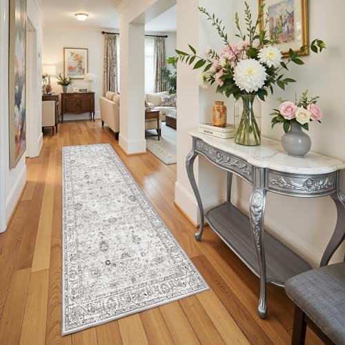 Grey Floral Hallway Runner Rug for Kitchen Bathroom - Image 6