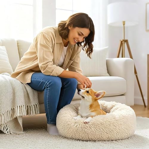 Calming Large Donut Dog and Cat Bed, Anti-Anxiety Round Soft Fluffy Plush Faux - Image 6