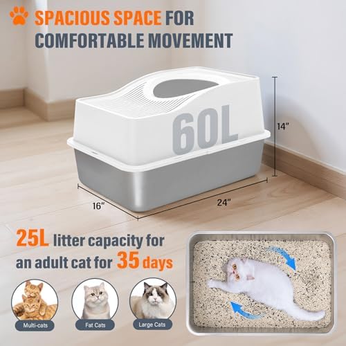 Top Entry Cat Litter Box with Lid, Stainless Steel Enclosed Cat Kitty Litterbox - Image 3
