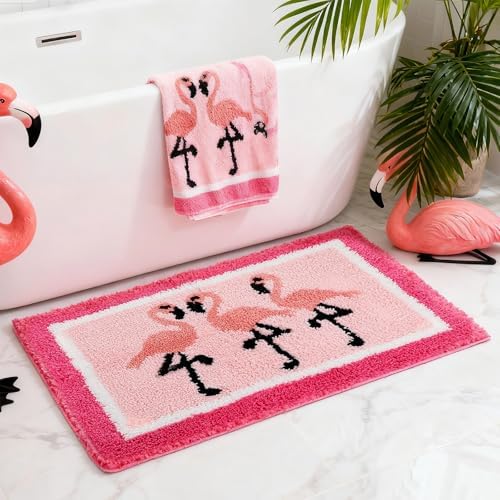 Boao Flamingo Bath Mat Non Slip 24 x16 Inch Pink Tufted Bathroom - Image 3