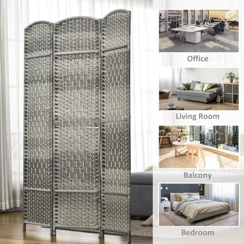 HOMCOM 3 Panel Room Divider 6 Ft Privacy Screen Hand-Woven Mixed Gray - Image 6