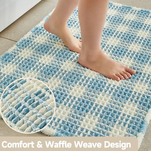TYUU Waffle Runner Rug Bathroom, Long Cute Bath Mat, 72x24 Blue & White - Image 3