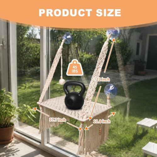Macrame Tassel Boho Cat Window Perch, 17.7”-11.8” Metal Frame Window Bed - Image 3