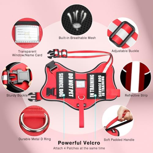 Service Dog Vest Harness and Leash Set+10 Patches, Easy On Off Red L - Image 5