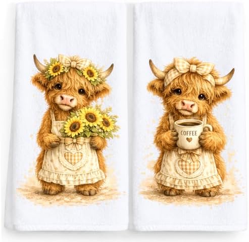 2 Pack Highland Cow Kitchen Towels, Sunflower Coffee Dish Towel Set by Z-synka