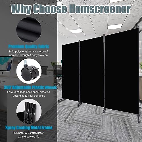 Room Divider 102'' Wide Folding Privacy Screen, 3 Panel Wall Divider w/Wheel - Image 2
