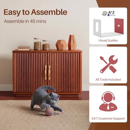 Amunrbrek Cat Litter Box Enclosure, 31.5" Fluted Walnut Hidden Cabinet - Image 7
