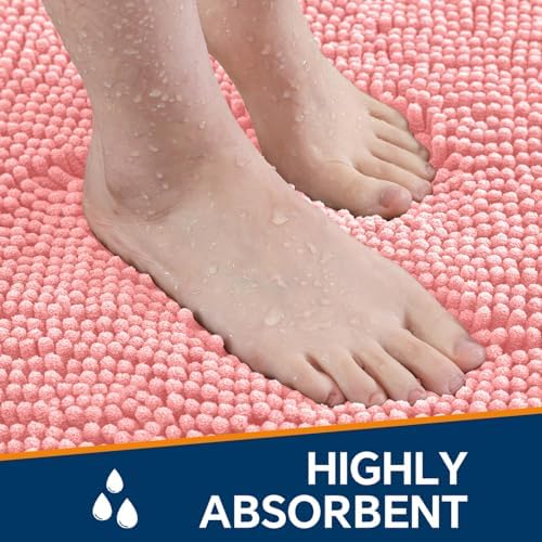 Chenille Bathroom Rug 20"x32" Pink, Non-Slip Plush Bath Mat - Image 4