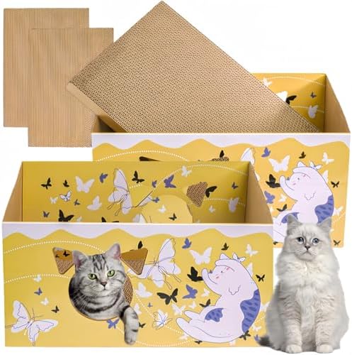 Tlence 2 Pack Cardboard Cat Scratcher Box, Butterfly Pattern Cat Hideaway House - Image 5
