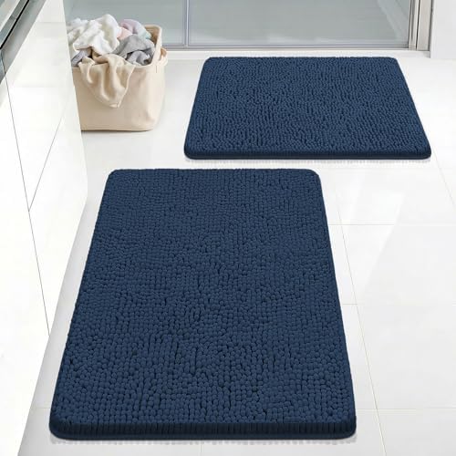 Bcoimo Bath Rug Mat Sets, 2 Piece High Absorbent Chenille Bathroom Mat Navy by Bcoimo