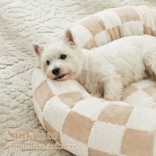 Ohocut Checkered Dog Bed, Cute Beige Khaki Retro Style Aesthetic Round Warming - Image 2