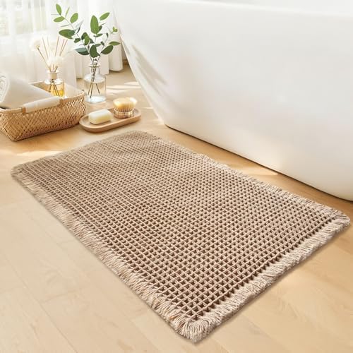 Waffle Bath Mat, Boho Bathroom Rug Non Slip Washable, 20 x 32 by GRLYUH