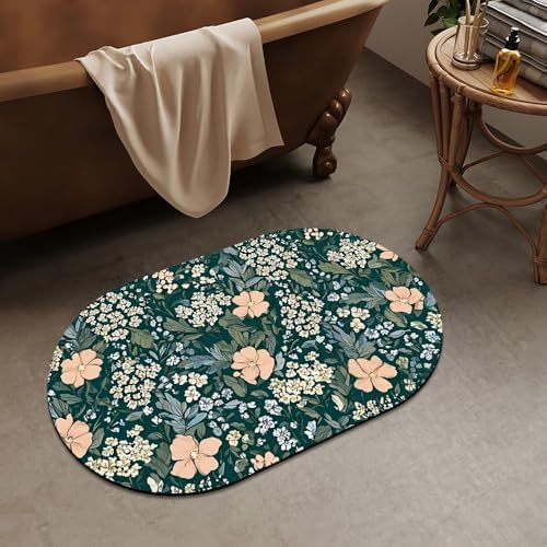 Dark Teal Busy Floral Super Absorbent Quick-Drying Bathroom Mat Rug, Rubber - Image 2