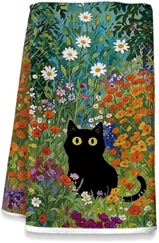 Black Cat Kitchen Towels, Cats Flower Decor by Unknown