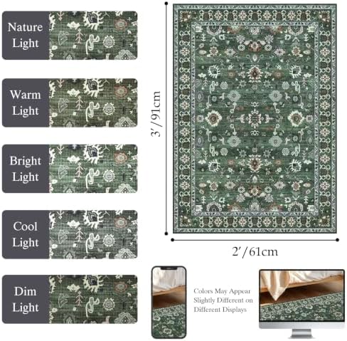 Washable 3x3 Square Rug for Entry Bathroom Kitchen Bedroom Green - Image 2