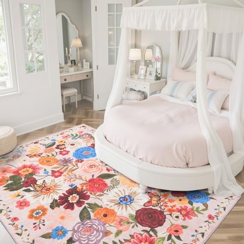 Blush Washable Area Rug 8x10, Large Soft Floral Carpet - Image 5